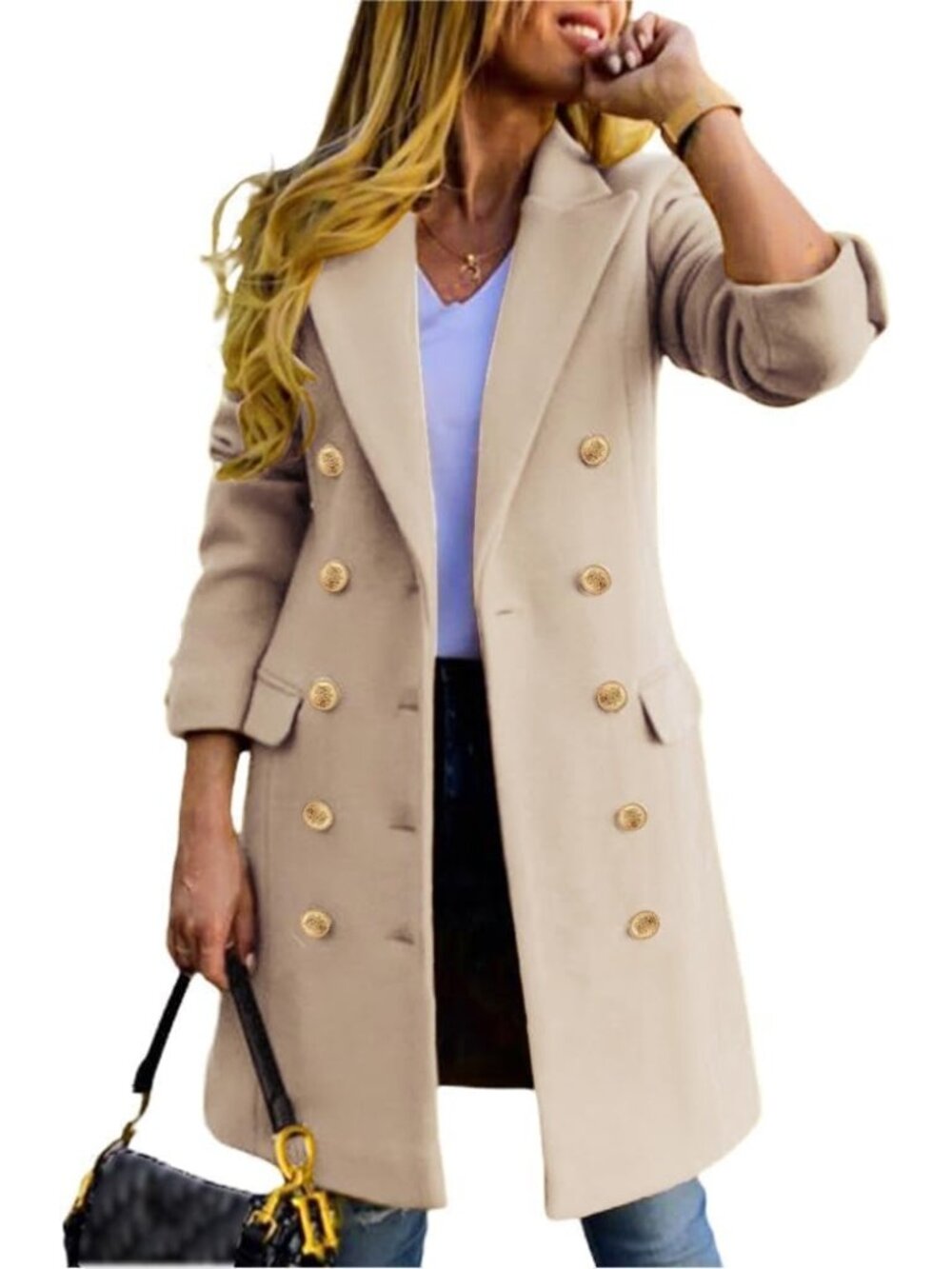 Women's Beige Wool Blend Double Breasted Gold Buttons Fall Midi Long Trench Coat